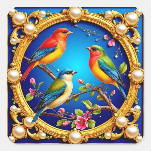 Kleurrijke vogels in  Gouden Lijst Vierkante Sticker (Voorkant)