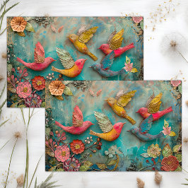 KLEURRIJKE VOGELS IN VLUCHT MIXED MEDIA DECOUPAGE TISSUEPAPIER