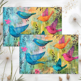 KLEURRIJKE VOGELS IN VLUCHT MIXED MEDIA DECOUPAGE TISSUEPAPIER