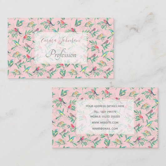 kleurrijke vogels laten een  roze ontwerp achter visitekaartje (Voorkant / Achterkant)