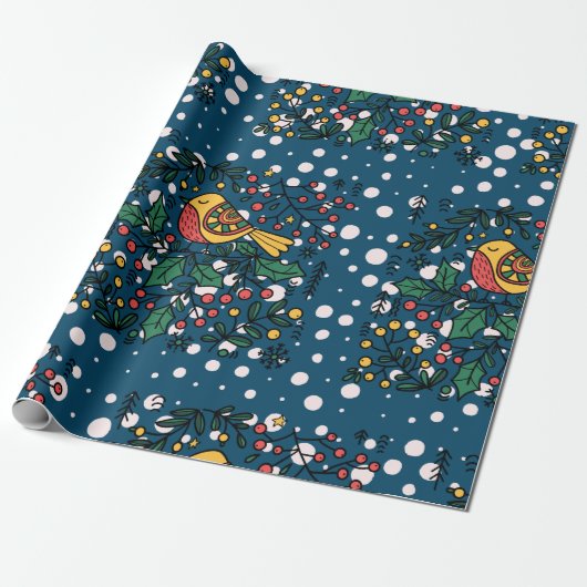 Kleurrijke vogels met blauw bloemmotief cadeaupapier (Uitgerold)