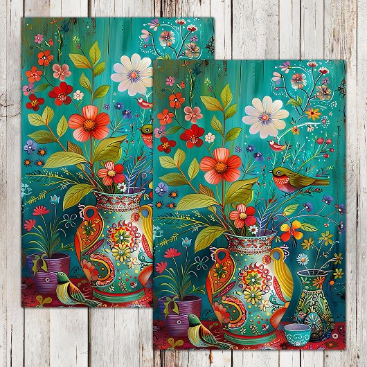 KLEURRIJKE VOGELS MET BLOEMEN IN VAAS DECOUPAGE TISSUEPAPIER