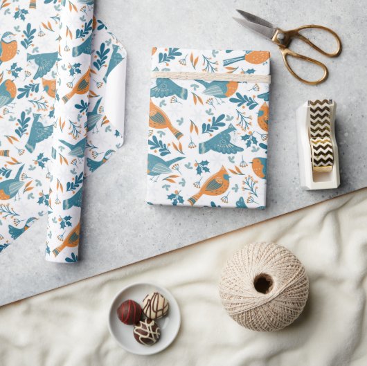 Kleurrijke vogels met winter- en kerstsymbolen cadeaupapier (Crafts)
