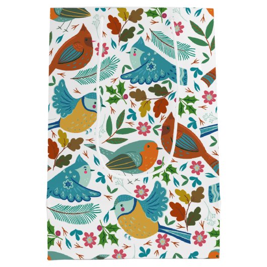 Kleurrijke vogels met winter- en kerstsymbolen medium cadeauzakje (Achterkant)