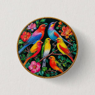 Kleurrijke vogels op bloeiende takken ronde button 3,2 cm