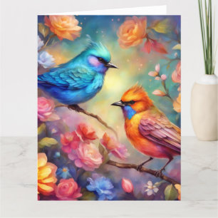 Kleurrijke Vogels op Branch Pink Rose Blue Bird 99 Bedankkaart
