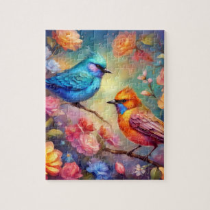 Kleurrijke Vogels op Branch Pink Rose Blue Bird 99 Legpuzzel