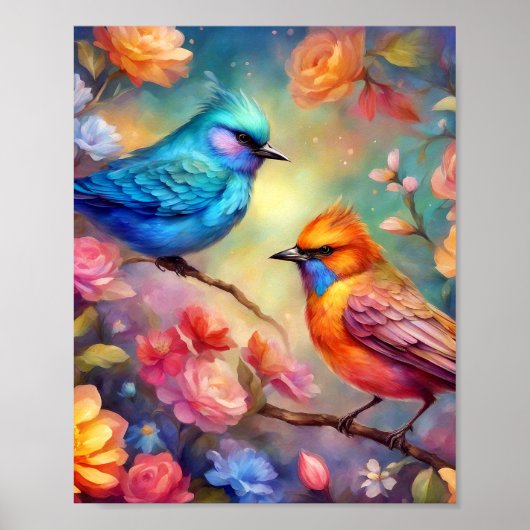 Kleurrijke Vogels op Branch Pink Rose Blue Bird 99 Poster (Voorkant)