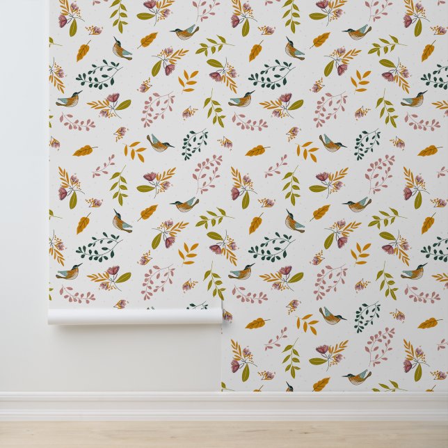 Kleurrijke vogels op een bloemenachtergrond behang (Applicatie)