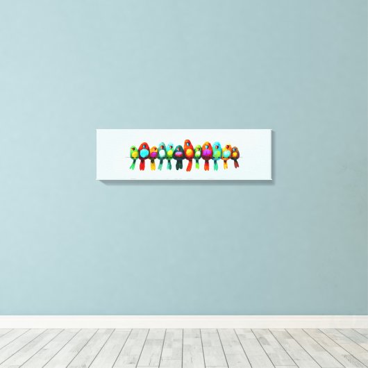 Kleurrijke vogels op een draad canvas afdruk (Insitu (Houten vloer))