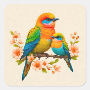 Kleurrijke Vogels op Tak Vrolijk Dierenleven Cadea Vierkante Sticker