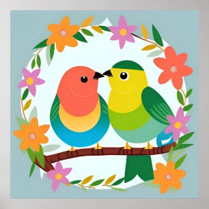 Kleurrijke vogels tak wandkunst Schattige natuur Poster
