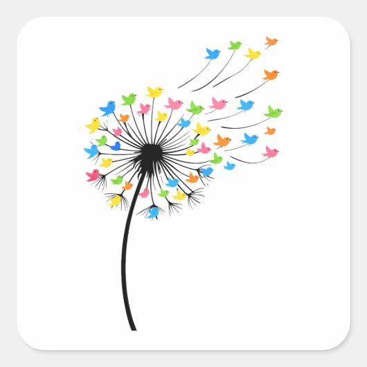 Kleurrijke vogels vliegen paardenbloem stroom vierkante sticker (Voorkant)