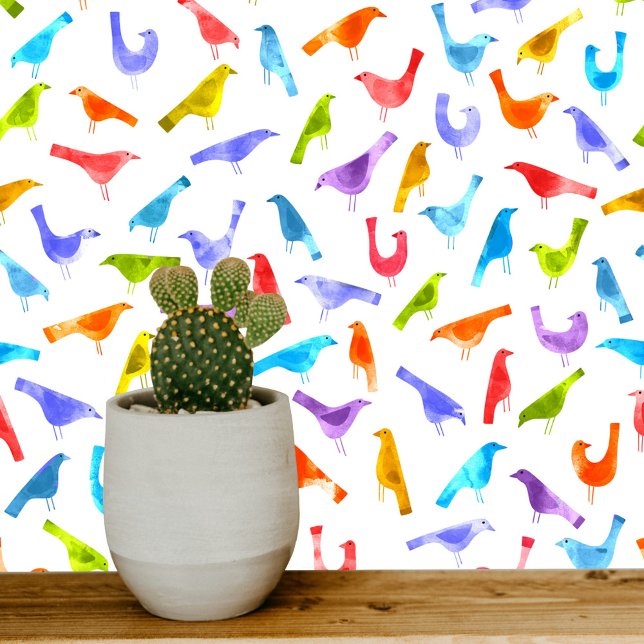 Kleurrijke Vogels Waterverf Art Behang (Bright rainbow hued bird pattern wallpaper)