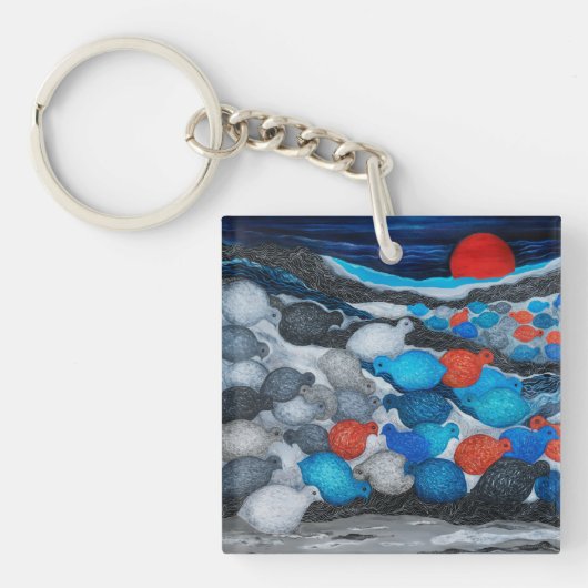 Kleurrijke Vogelzwerm Rode Maan Kunst Sleutelhanger (Voorkant)