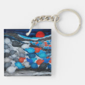 Kleurrijke Vogelzwerm Rode Maan Kunst Sleutelhanger (Achterkant)