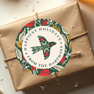 Kleurrijke Volken Bloemrijke Vogel Kerst Vakantie Ronde Sticker