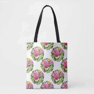 Kleurrijke volks kunst bloemmotief canvas tas 