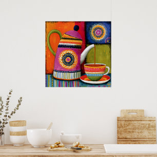 Kleurrijke volks kunst theepot poster