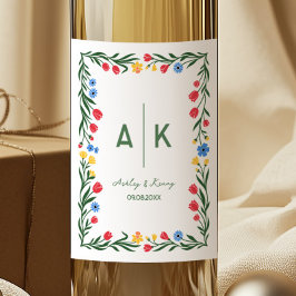 Kleurrijke volks kunst wilde bloem monogram bruilo wijn etiket