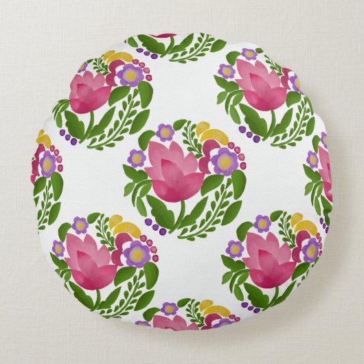 Kleurrijke Volkskunst Bloem Rond Kussen (Voorkant)