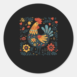 Kleurrijke volkskunst Haan illustratie met bloem Ronde Sticker