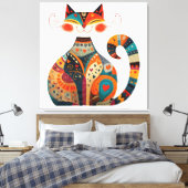 Kleurrijke Volkskunst Kat Canvas Afdruk (Insitu (Slaapkamer))