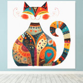 Kleurrijke Volkskunst Kat Canvas Afdruk (Insitu (Houten vloer))