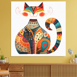 Kleurrijke Volkskunst Kat Canvas Afdruk