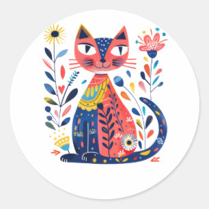Kleurrijke volkskunst kat illustratie met bloemenp ronde sticker