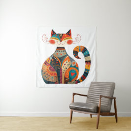 Kleurrijke Volkskunst Kat Wandkleed