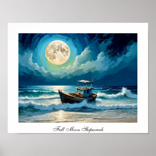 Kleurrijke Volle Maan Oude Scheepswrak Seashore Poster (Voorkant)