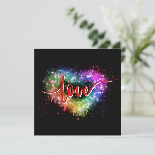 Kleurrijke vonkende glitter hart liefde script kaart (Staand voorkant)