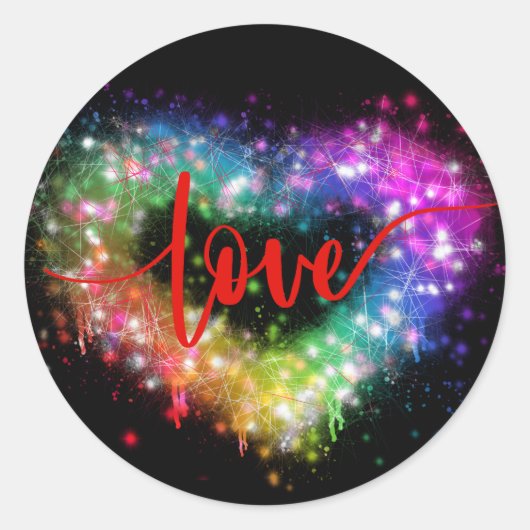 Kleurrijke vonkende glitter hart liefde script ronde sticker (Voorkant)