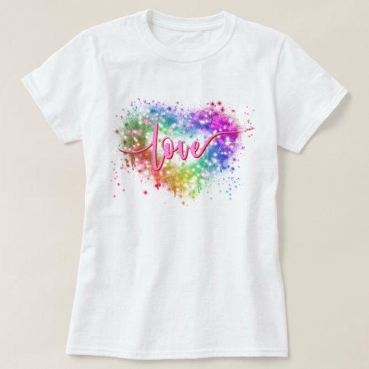 Kleurrijke vonkende glitter hart liefde script t-shirt (Design voorkant)