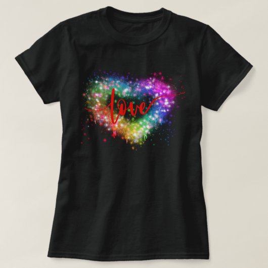 Kleurrijke vonkende glitter hart liefde script t-shirt (Design voorkant)