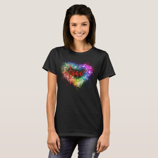 Kleurrijke vonkende glitter hart liefde script t-shirt (Voorkant volledig)