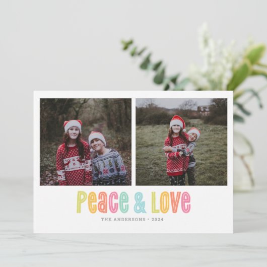 Kleurrijke Vrede en Liefde Twee Foto Kerstmis Feestdagenkaart (Staand voorkant)
