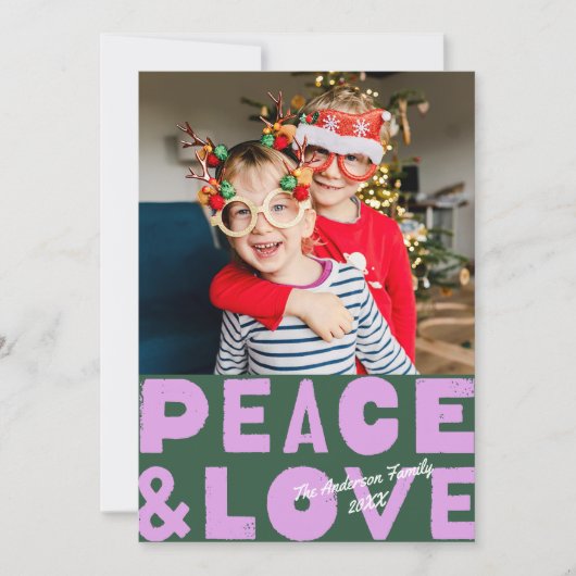 Kleurrijke Vrede & Liefde Groene Paarse Foto Feestdagenkaart (Voorkant)