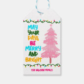 Kleurrijke vrolijk helder roze kerstboom partij cadeaulabel (Voorkant)