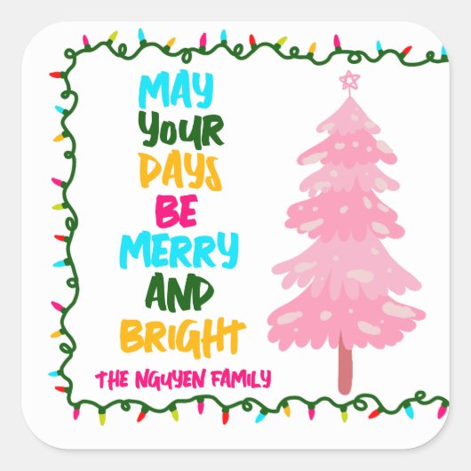 Kleurrijke vrolijk helder roze kerstboom partij vierkante sticker (Voorkant)