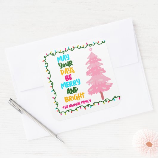 Kleurrijke vrolijk helder roze kerstboom partij vierkante sticker (Envelop)