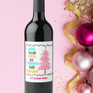Kleurrijke vrolijke heldere roze kerstboomfeest wijn etiket