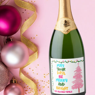 Kleurrijke vrolijke heldere roze kerstfeest aangep sparkling wijnetiket