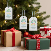 Kleurrijke vrolijke internationale vrolijke kerstb cadeaulabel