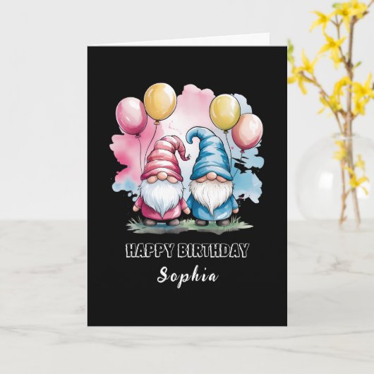 Kleurrijke vrolijke kabouters met ballonnen kaart (Gele Bloem)