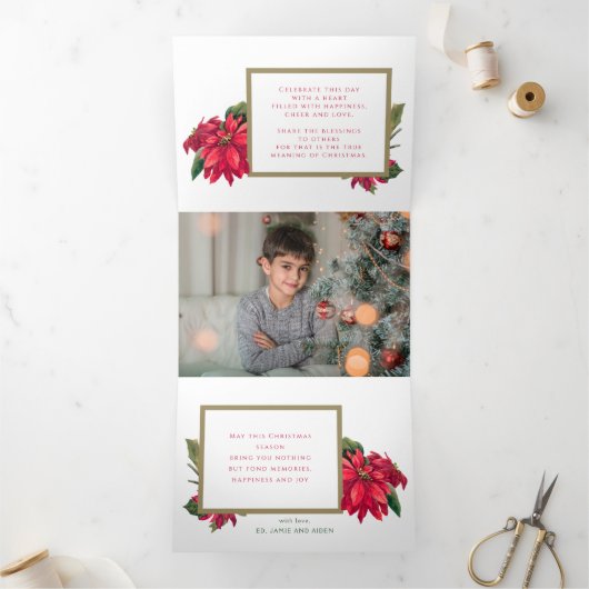 Kleurrijke Vrolijke Kerstmis | Poinsettias | Foto Drieluik Wenskaart (Binnen)