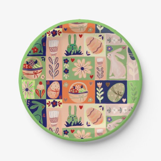 Kleurrijke vrolijke roze groene konijn papieren bordje (Voorkant)