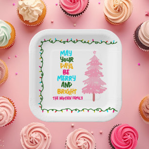 Kleurrijke vrolijke roze kerstboomfeest papieren bordje