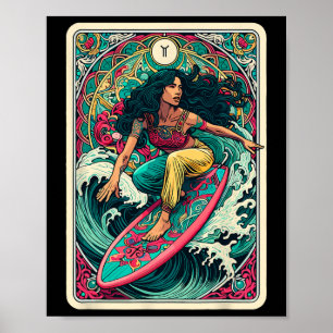 Kleurrijke Vrouw Golf Surfer Tarotkaart Artistieke Poster